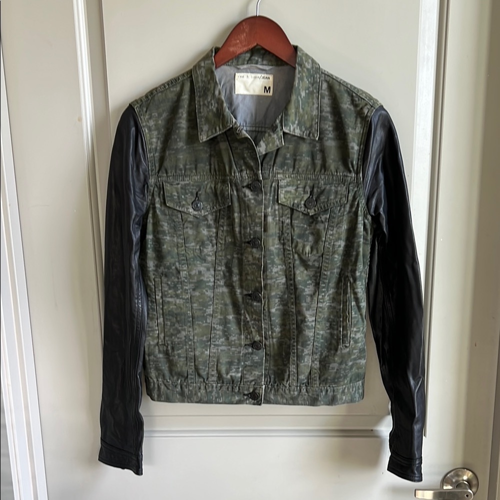 Rag & Bone Camouflage Cotton and Genuine Lamb Leather Sleeve Womens Jacket